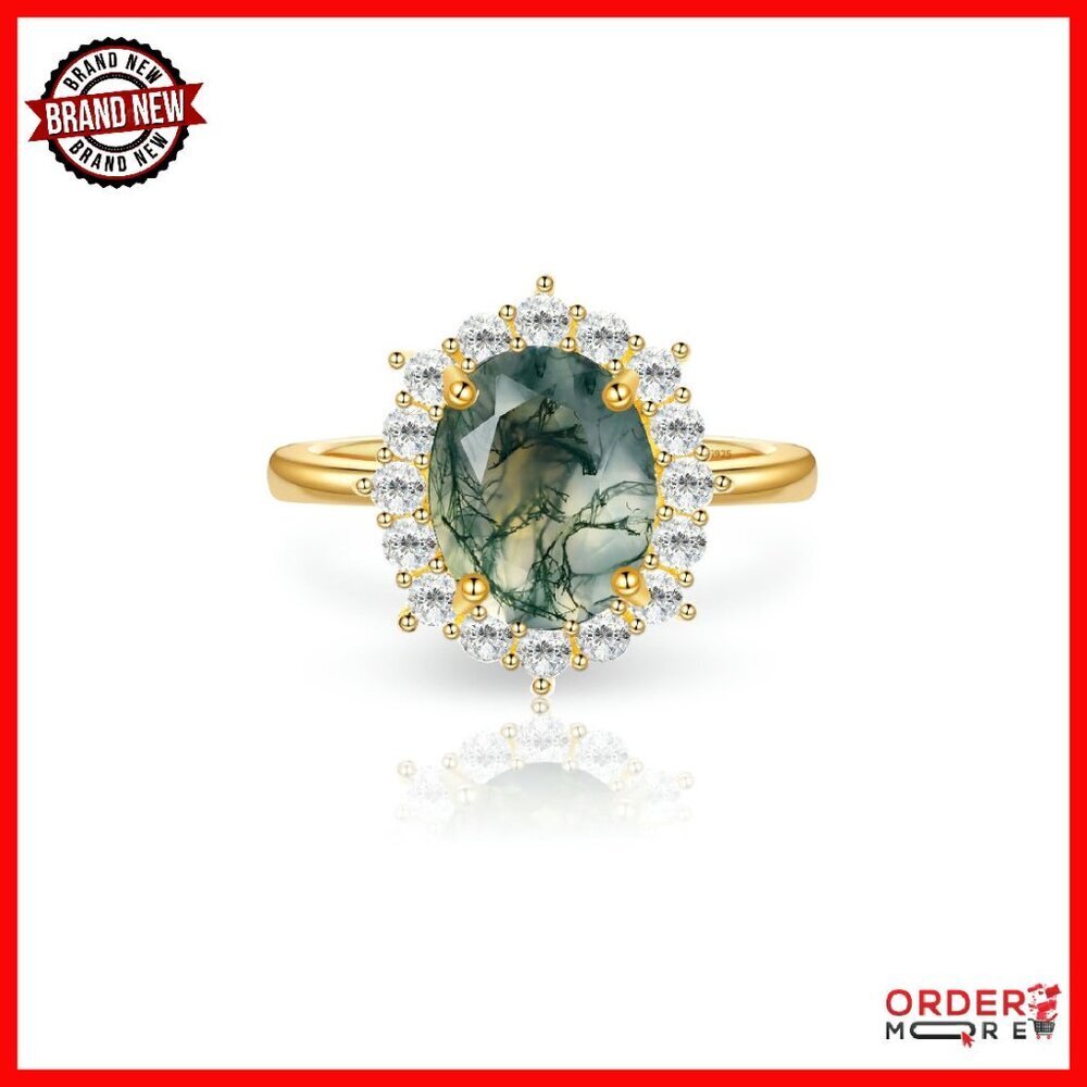 Oval Moss Agate Statement Ring Sterling Silver Size 7 Engagement